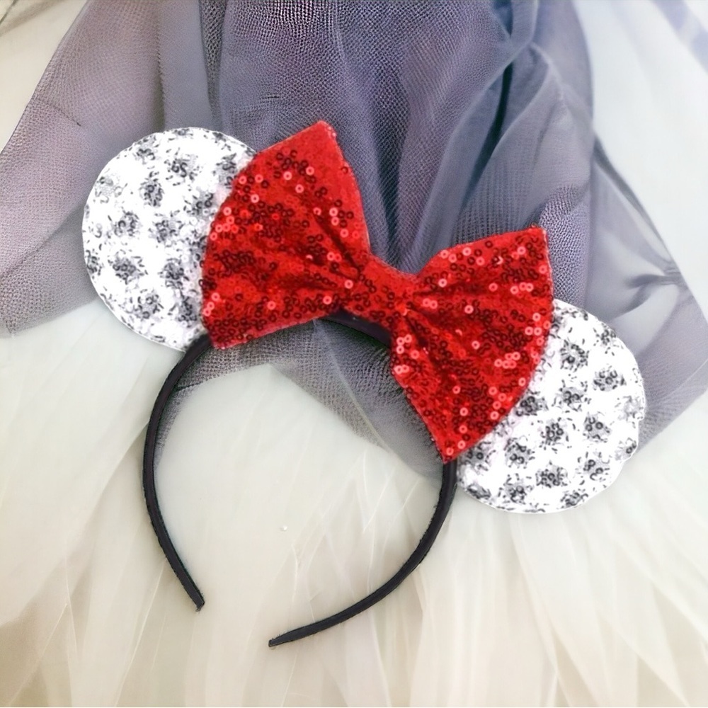 Brand New Disney Cruella 101 Dalmations Ears Headband with Red Sequin Bow - Picture 2 of 5